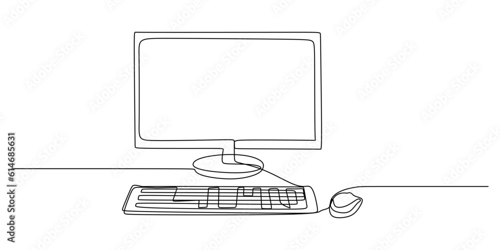 Fototapete Continuous single one line of Computer and its accessories like PC monitor and keyboard isolated on white background.