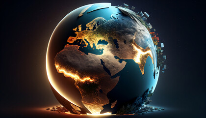 Golden globe on black background, Illustration of a 3D earth symbolizing global trade