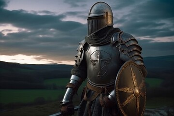Celtic knight in armor, battlefield behind, Generative AI