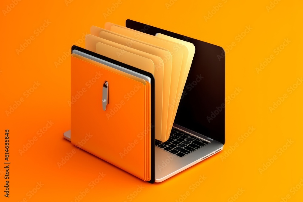 Poster laptop screen shows orange background with file folder, generative ai