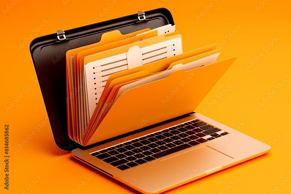 Poster laptop screen shows orange background with file folder, generative ai