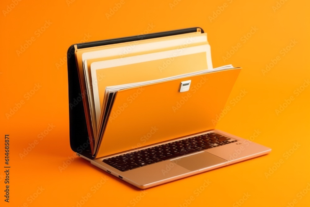 Poster laptop screen shows orange background with file folder, generative ai