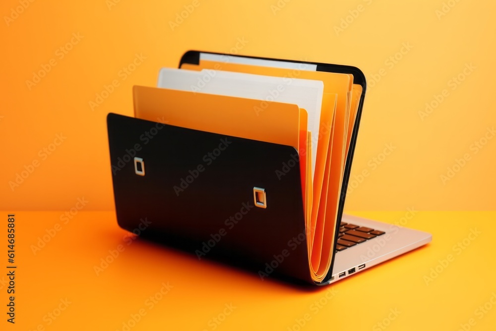Poster laptop screen shows orange background with file folder, generative ai