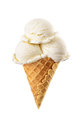 Three vanilla ice cream scoops served on a waffle cone isolated. Transparent PNG image.