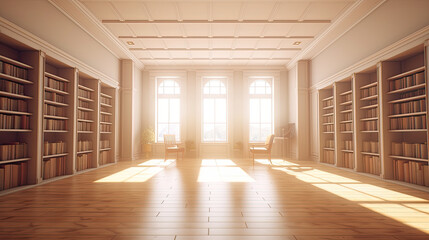 Serene Empty Library with Calming Natural Lighting for Mid-Journey AI