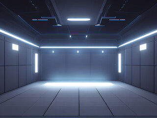 Empty dark futuristic Sci Fi hall room or studio. generative ai