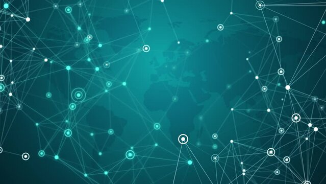 Interlaced lines connecting the dots. Round conventional cartographic signs of the city. Turquoise looped background with world map.