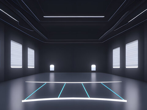 Empty dark futuristic Sci Fi hall room or studio. generative ai