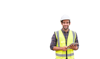 Male construction engineer holding tablet with text-copy space, white background.