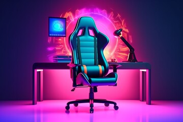 Futuristic gamer setup with computer, gamer character, and gradient background, Generative AI