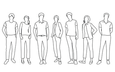 Vector silhouettes of  men and a women, a group of standing  business people,  linear sketch, black and white color isolated on white background