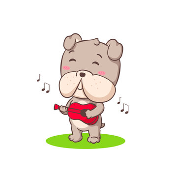 Cute Bulldog playing guitar cartoon character. Adorable animal concept flat design. Isolated white background. Vector art illustration.