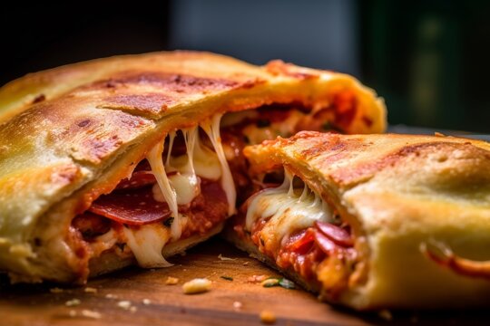 calzone sliced in half, revealing a gooey cheese and pepperoni filling