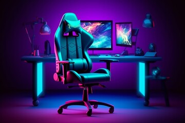 Futuristic gamer setup with computer, character, and gradient background, Generative AI