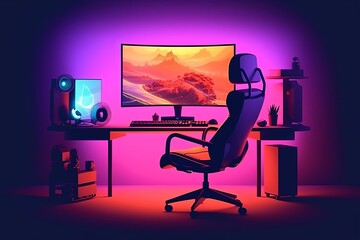 Gamer setup with computer, character, gradient background, Generative AI