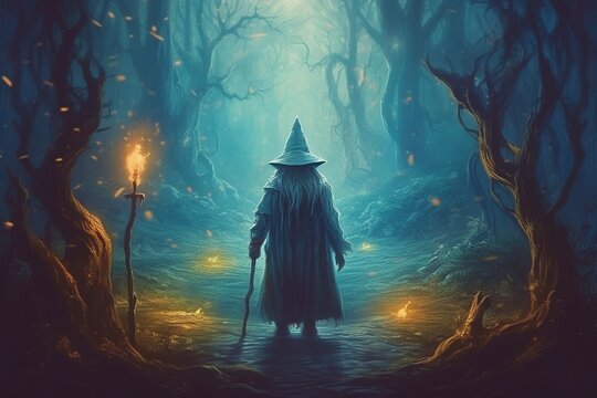 Wizard lurking in mystical forest, Generative AI