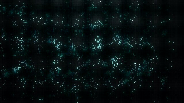 Rapid random flickering of teal color round pixel dots on dark background. Digital screen. Abstract looped animation.