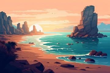 Island beach with hills, rocks, sea, and horizon, Generative AI