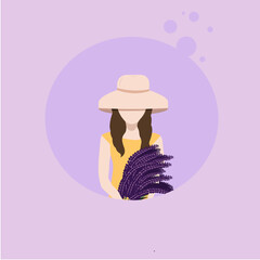 Woman with lavender. Vector illustration in a flat style on a purple background. Postcard