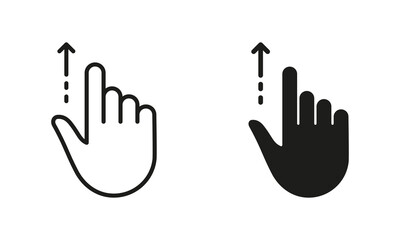 Fototapeta premium Hand Finger Drag Up Line and Silhouette Black Icon Set. Gesture Swipe and Slide Up Pictogram. Pinch Screen, Rotate on Screen Symbol Collection on White Background. Isolated Vector Illustration
