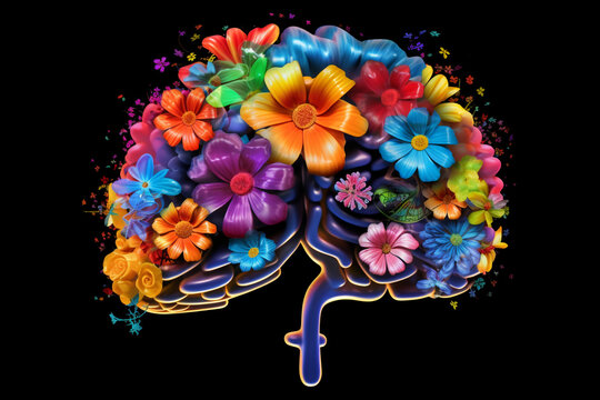 Neurodivergent brain concept: brain created with colorful flowers on a black background created with AI generative tools