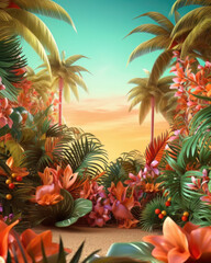 Fototapeta na wymiar AI generated bright summer background with tropical flowers