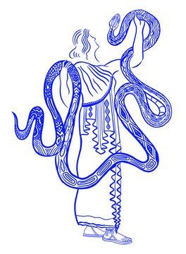 Handdrawn bright blue grecian lady, 