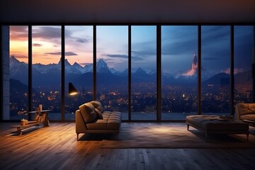 Beautiful view of the snow mountains peak from the window in the middle of the night. Bright apartment with high-quality renovation without furniture. 