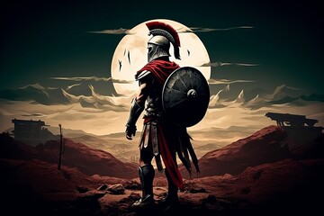 Spartan soldier on battlefield with helmet, Generative AI