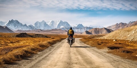 Fototapeta premium AI Generated. AI Generative. Mountain bike cycling active fit sport adventure trip with luggage. Graphic Art