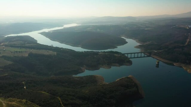 Omerli Dam, water reservoir for Istanbul, drone footage, oe01
