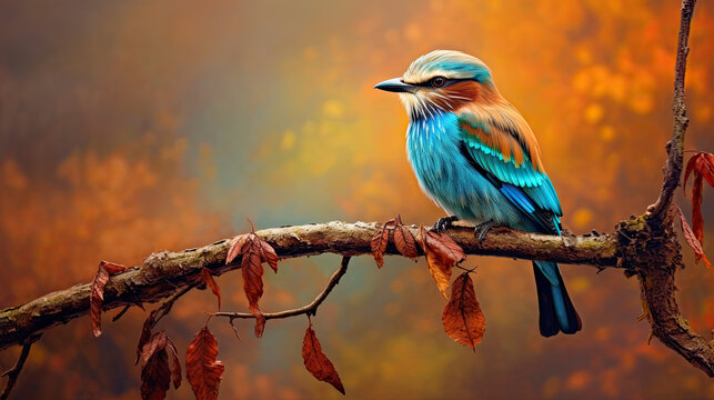 illustration of a roller bird perched on a withered branch at late autumn. Generative AI image.