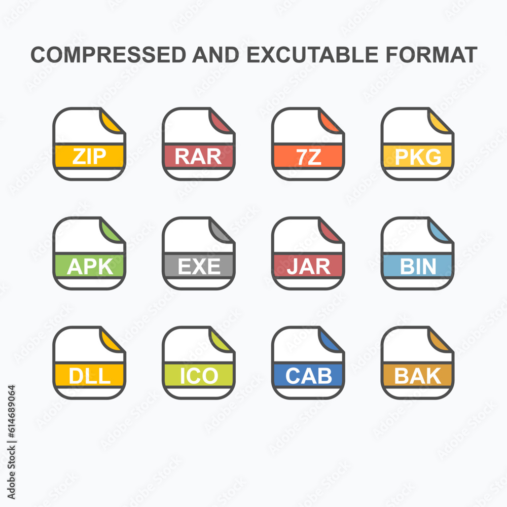 Fototapete set of compressed and executable file extension, rounded square icon with text - format extension ic