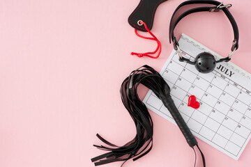 Bdsm day for sexual enjoyment theme. Top view flat lay of calendar, ball gag, leather whip, anal plug on pastel pink background with blank space for text or advert