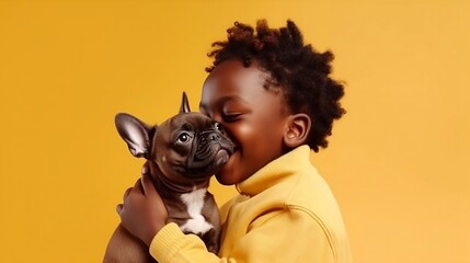 A child boy with dark skin hugging a puppy, isolated on yellow background, copy space, AI-generated