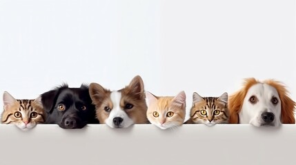 Three cats and three dogs peeking out from behind a white web banner, space for a text, generated by artificial intelligence