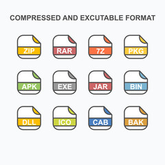 Set of Compressed and Executable File Extension, Rounded Square Icon with Text - Format Extension Icon Vector Illustration.