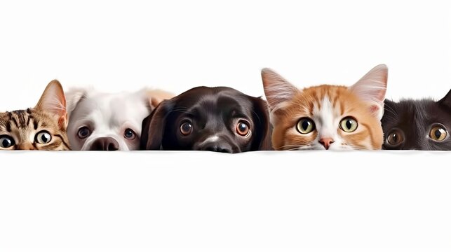 Curious three cats and three dogs peeking out from behind a white web banner, space for a text generated by AI