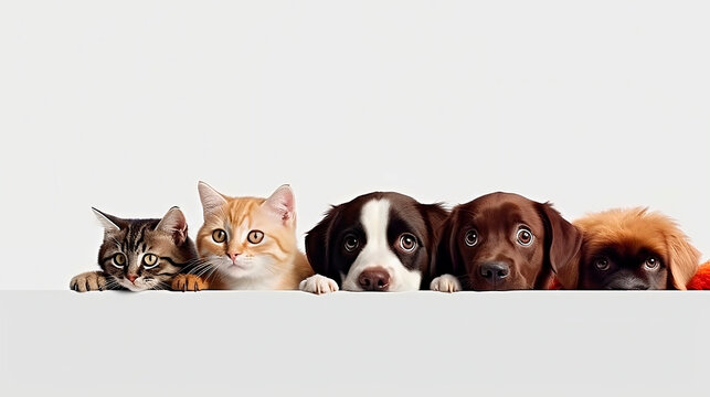 Two cats and three dogs peeking out from behind a white web banner, space for a text, generated by artificial intelligence