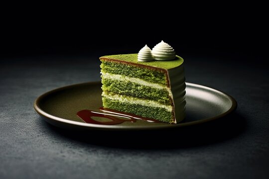 marvelous matcha cheesecake on a plate, black background, illustration, generative ai