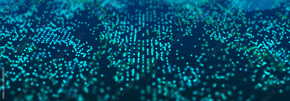 Poster abstract matrix. gradient halftone. many green dots of different sizes on dark background. 3d
