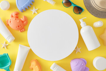Children's sun protection skincare concept. Top view flat lay of sunscreen bottles, eyewear, sandbox toys, panama hat, starfish on yellow background with blank circle for promo or message