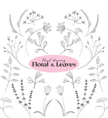 Hand-drawn floral flowers set and leaves minimalism, aesthetic black and white