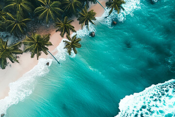 Fototapeta na wymiar A beautiful tropical summer landscape, an oasis on the seashore, hot sand and tall exotic palm trees. Sunny hot summer. Illustration. Generative AI.
