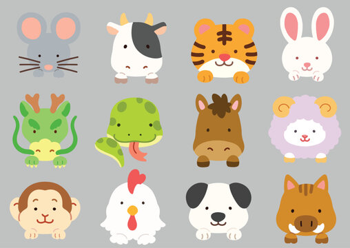 Cute flat colored Chinese Zodiac Animals with front paws