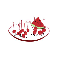 Festive version of serving fruits and berries, watermelon canapes on a plate. Vector illustration.