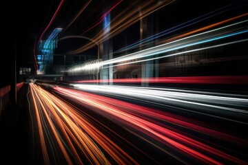 Abstract long exposure dynamic speed light trails wallpaper background. Generative AI.