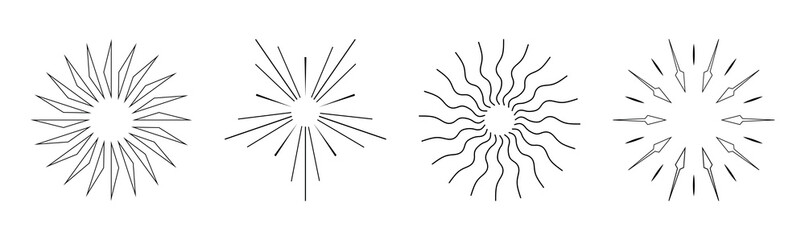 round minimalistic drawings. set the sun. different shapes of rays. modern style of drawing. vector.