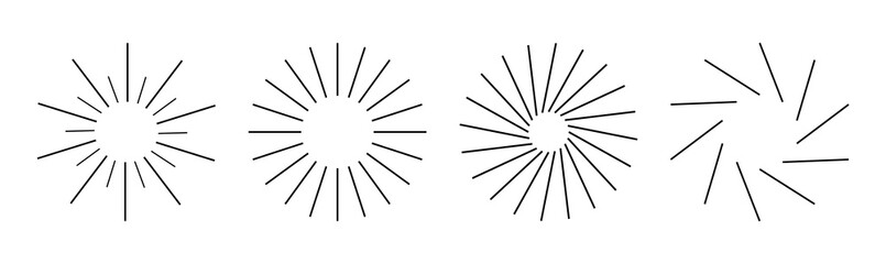 round minimalistic drawings. set the sun. different shapes of rays. modern style of drawing. vector.
