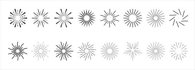 round minimalistic drawings. set the sun. different shapes of rays. modern style of drawing. vector.